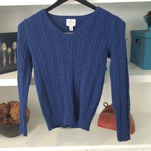 Navy, v-neck, cable knit sweater